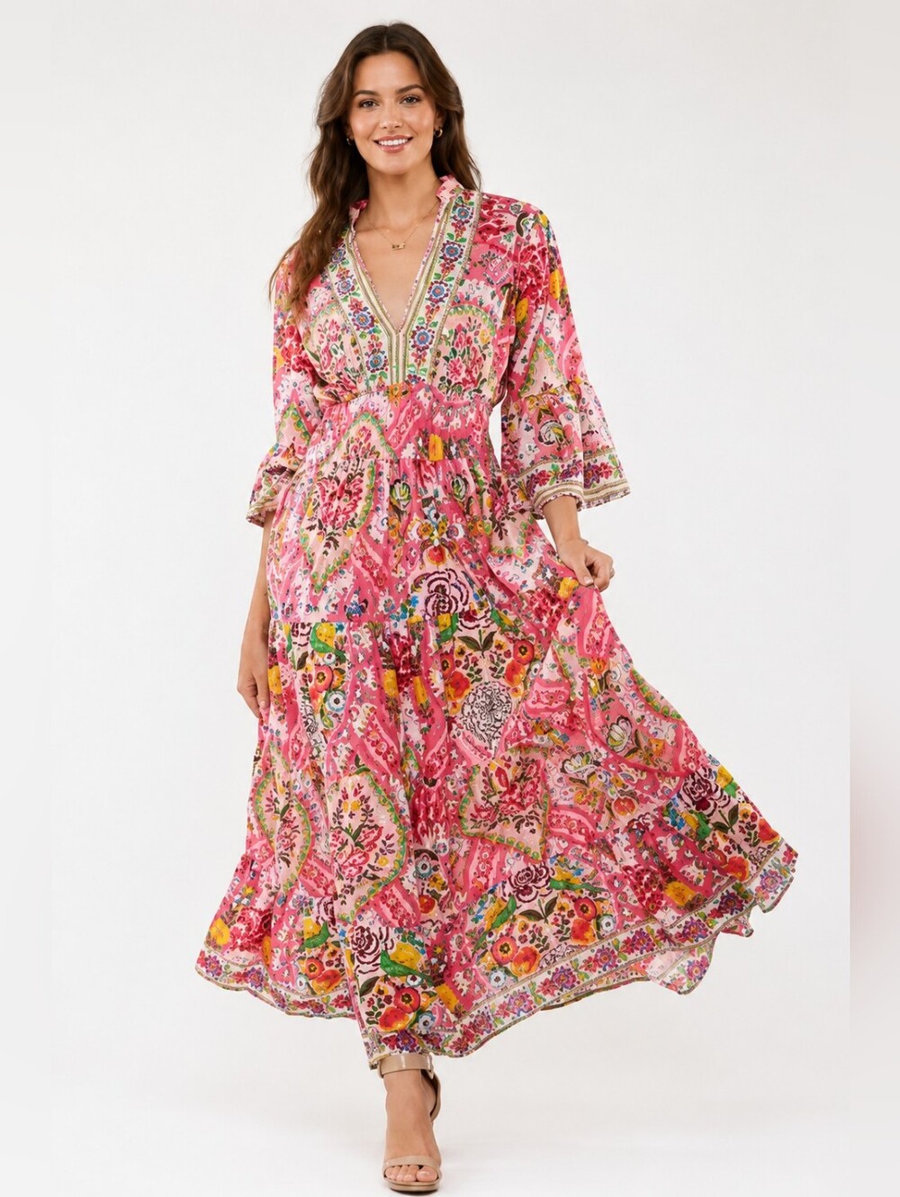 Nordstrom Ranees Pink Floral V-Neck Tiered Maxi Dress Size XL